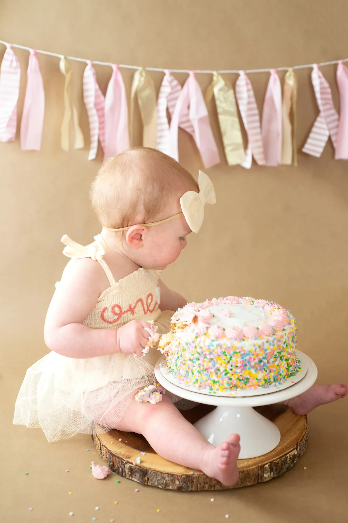 Cake smash photos in the Cedar Valley, first birthday girl digging into a sprinkle cake