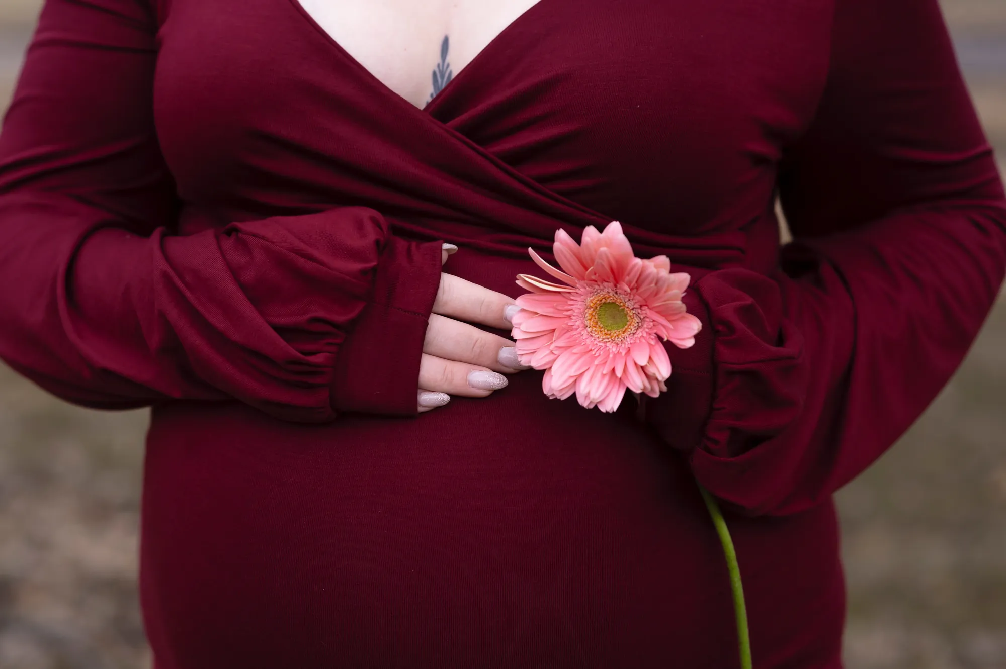 Maternity photos in the Cedar Valley, hands on the bump with a pink daisy