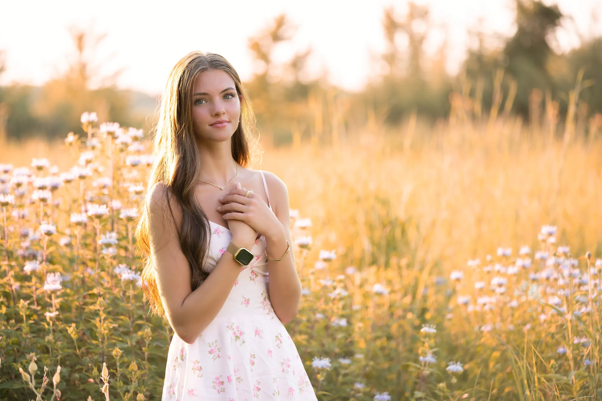 Summer senior pictures in the Cedar Valley, wildflower field at sunset